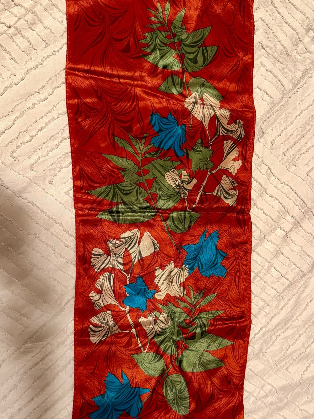 Red Floral 100% Silk Scarf with Blue & Green Blooms